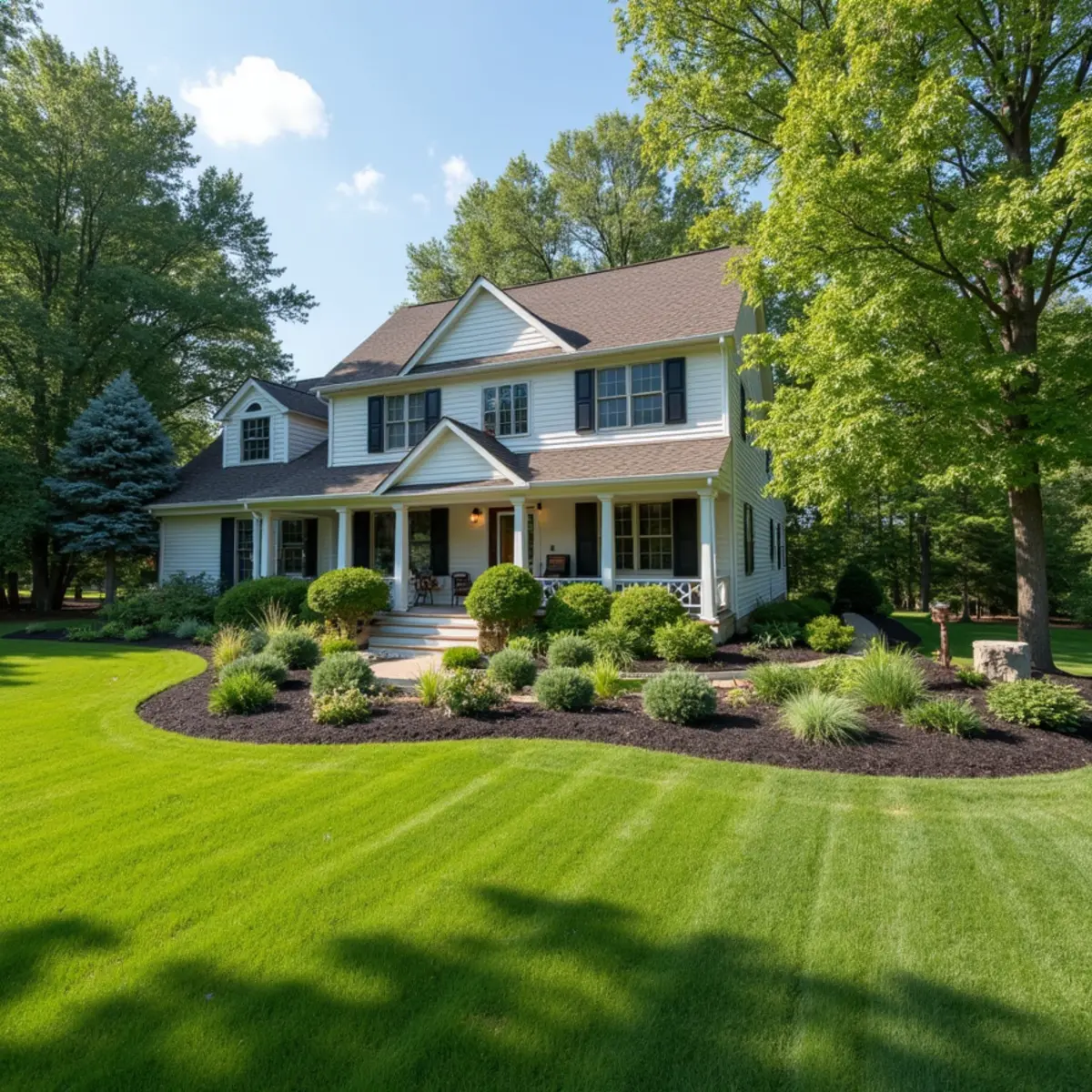 Bold, simple landscape beds of grasses and shrubs around a country-style home