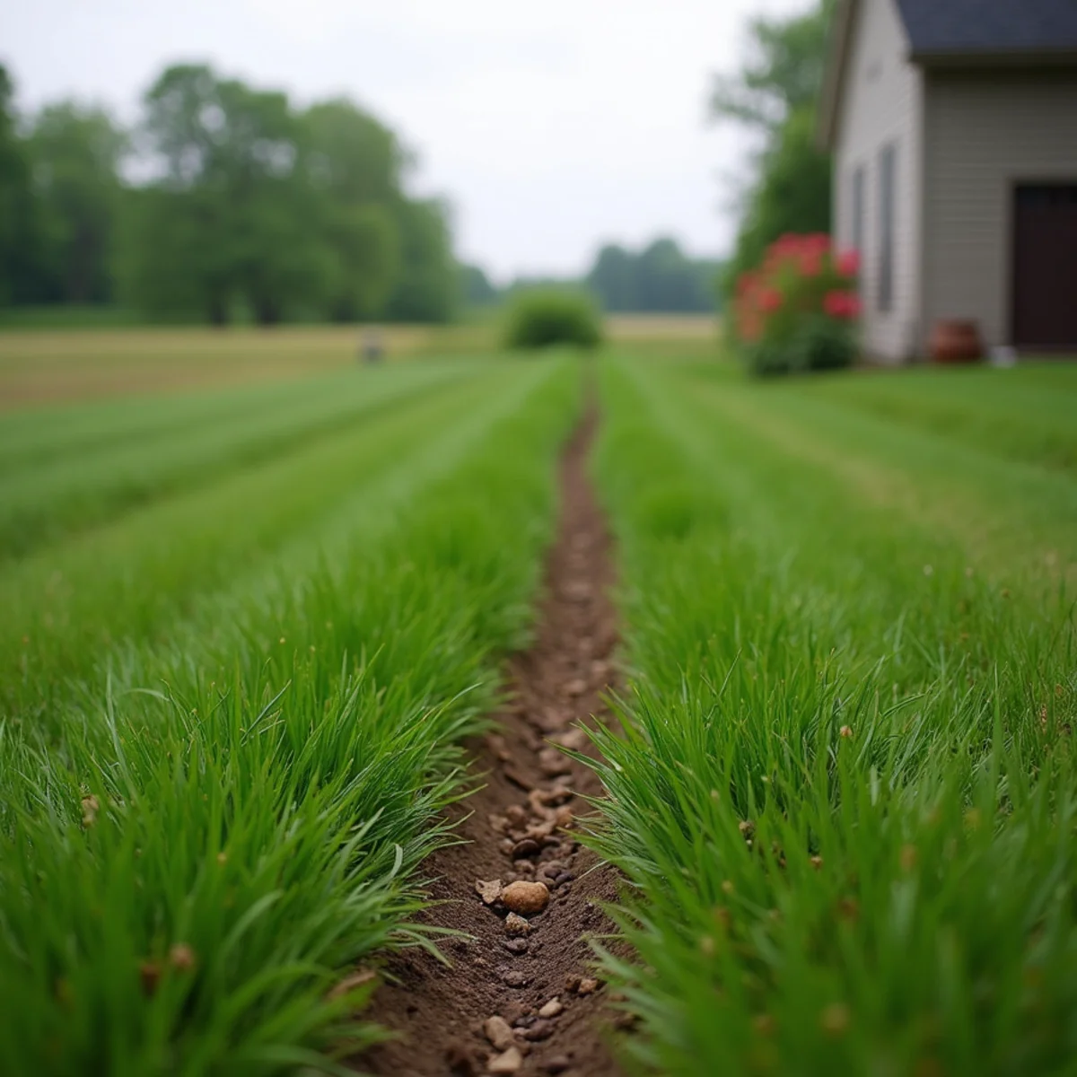 Broad, shallow grassy drainage swale crossing an open rural-suburban yard
