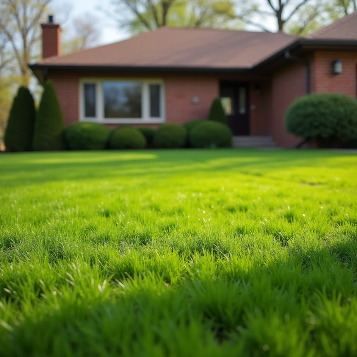 Dense, evenly green lawn in front of a brick ranch home with crisp driveway edges