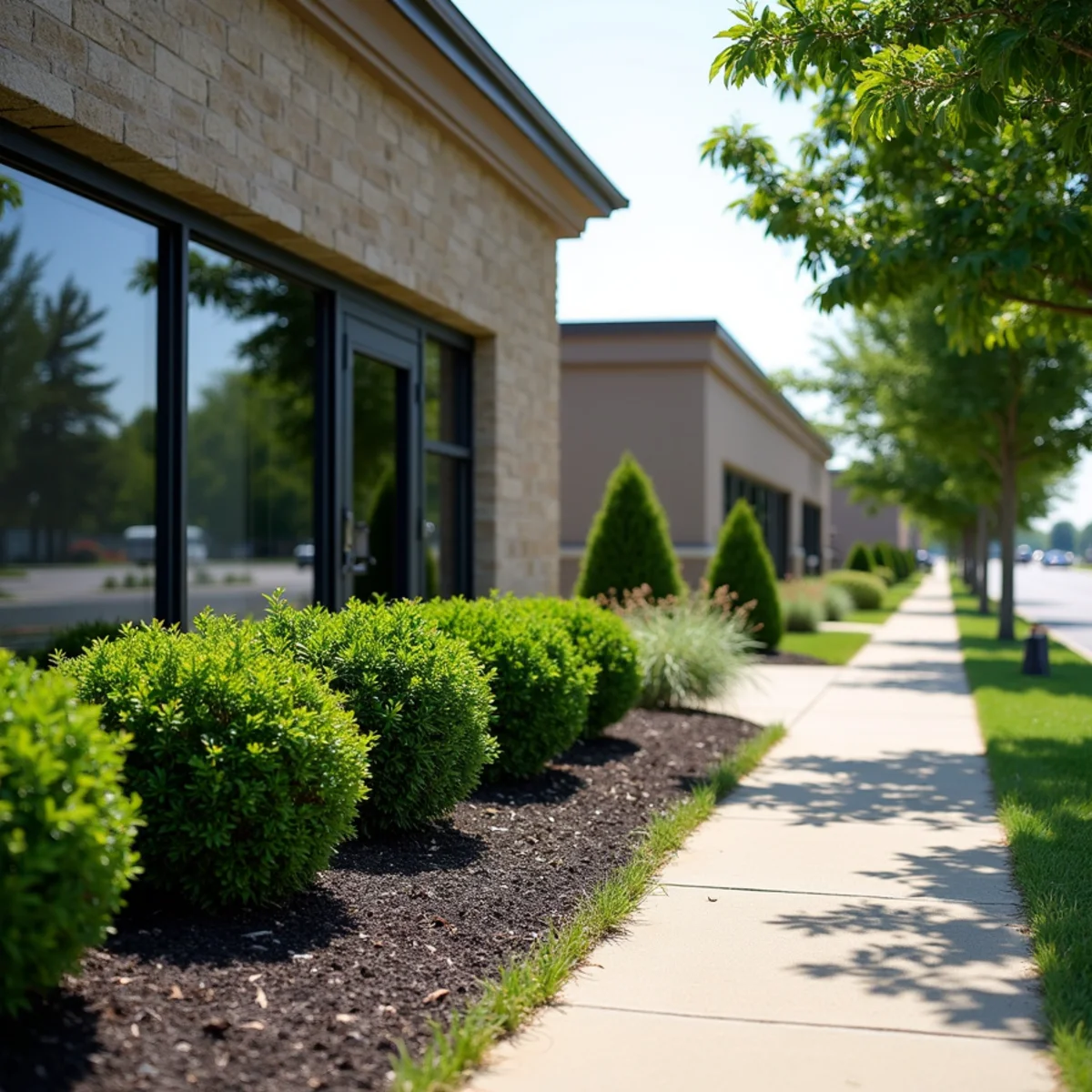 Neatly maintained commercial frontage with trimmed shrubs and fresh mulch