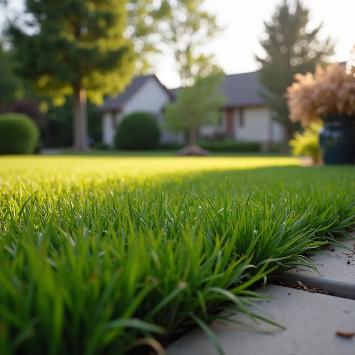 Close-up of thick, weed-free turf meeting a concrete walkway