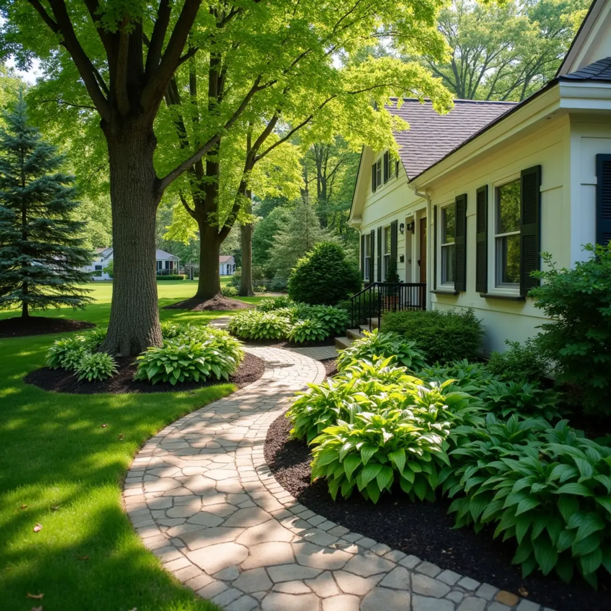 Shade garden of hostas and ferns beneath mature maple trees with a stone-edged bed