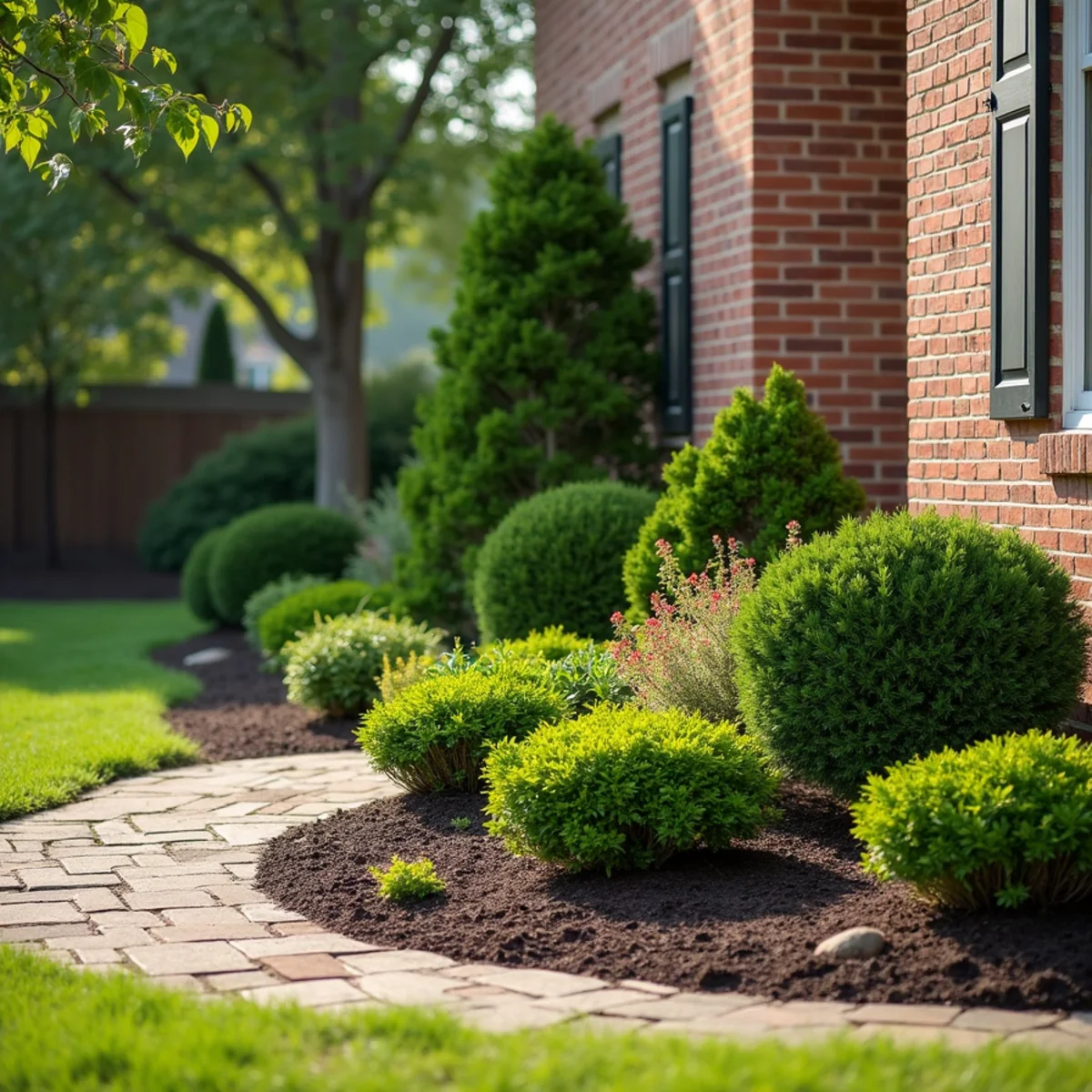 Renovated foundation planting with compact shrubs replacing overgrown ones at a brick colonial