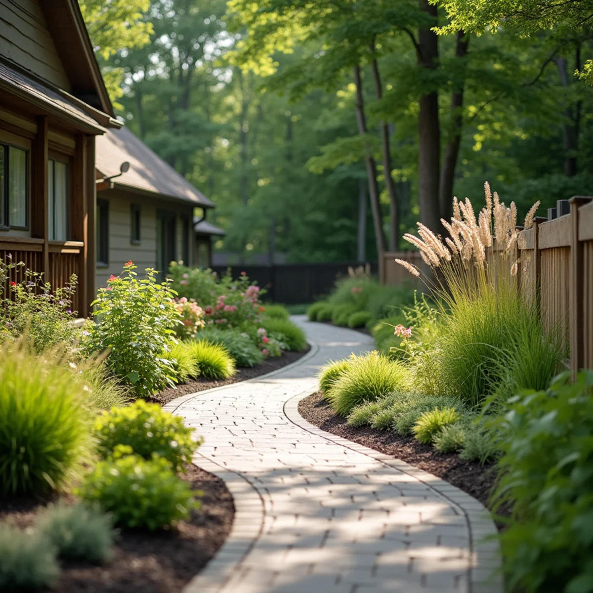 Winding paver path through native grasses and perennials beside a backyard fence