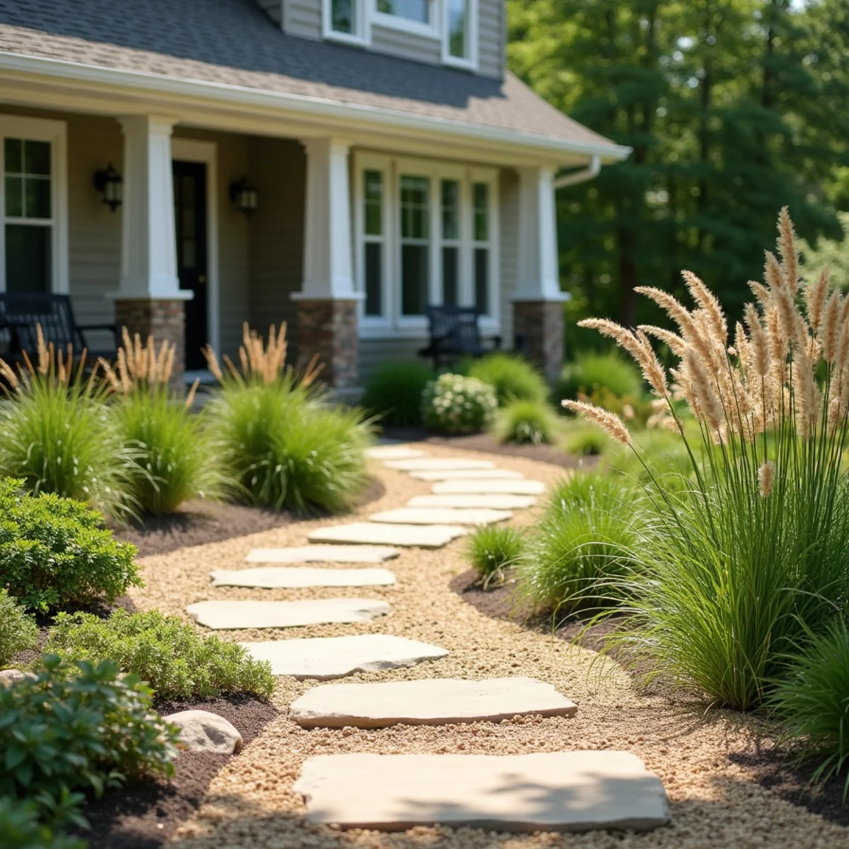 Native dune grasses and a stone stepping path in a sandy-soil yard near the shoreline