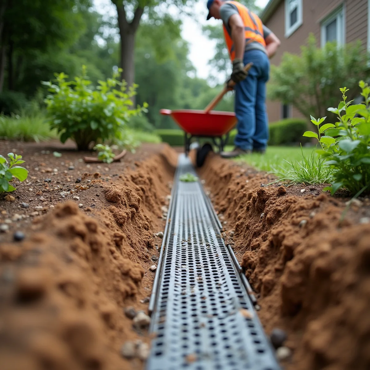 Worker installing a drainage channel in a trench across a clay yard