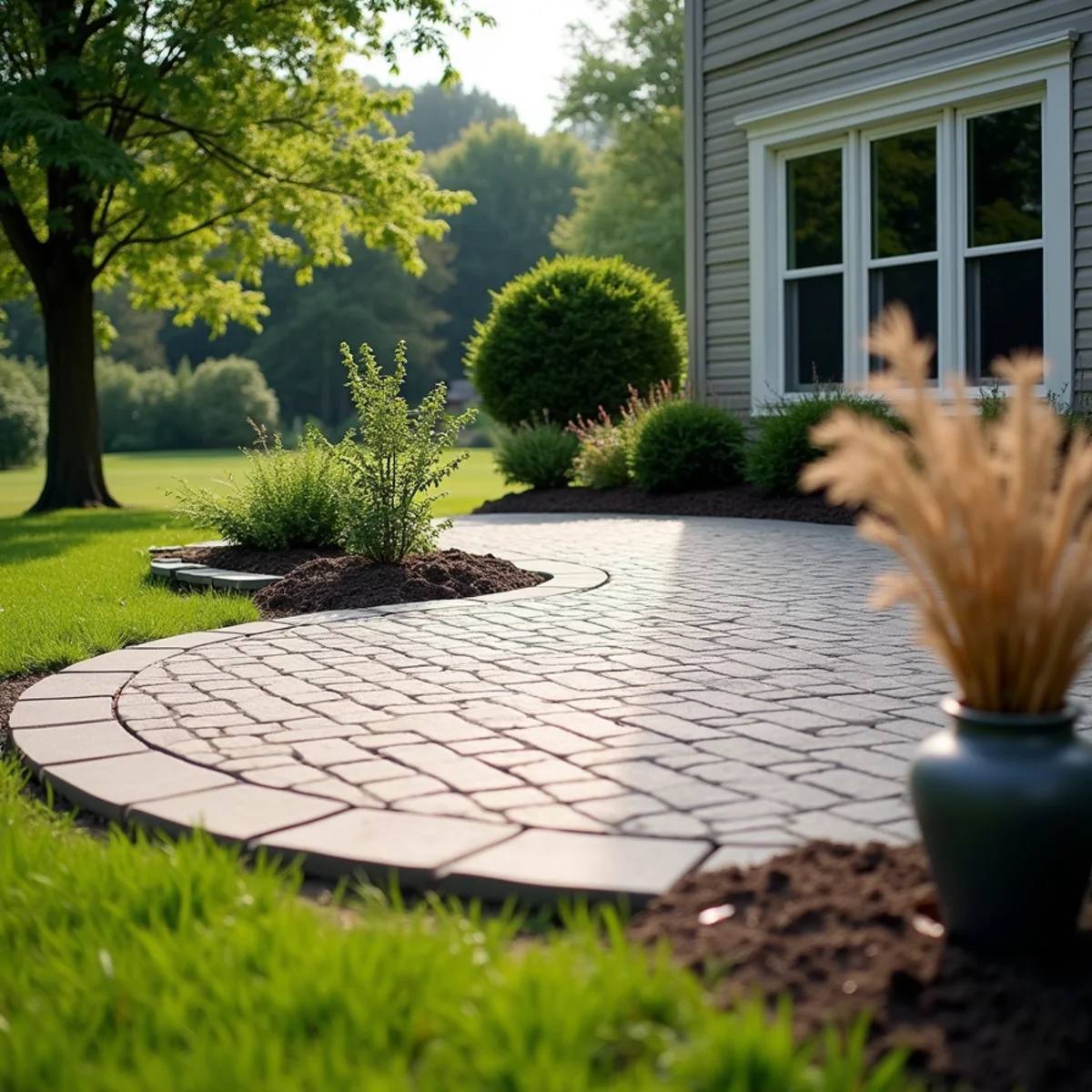 New paver patio with a curved seating edge behind a suburban home