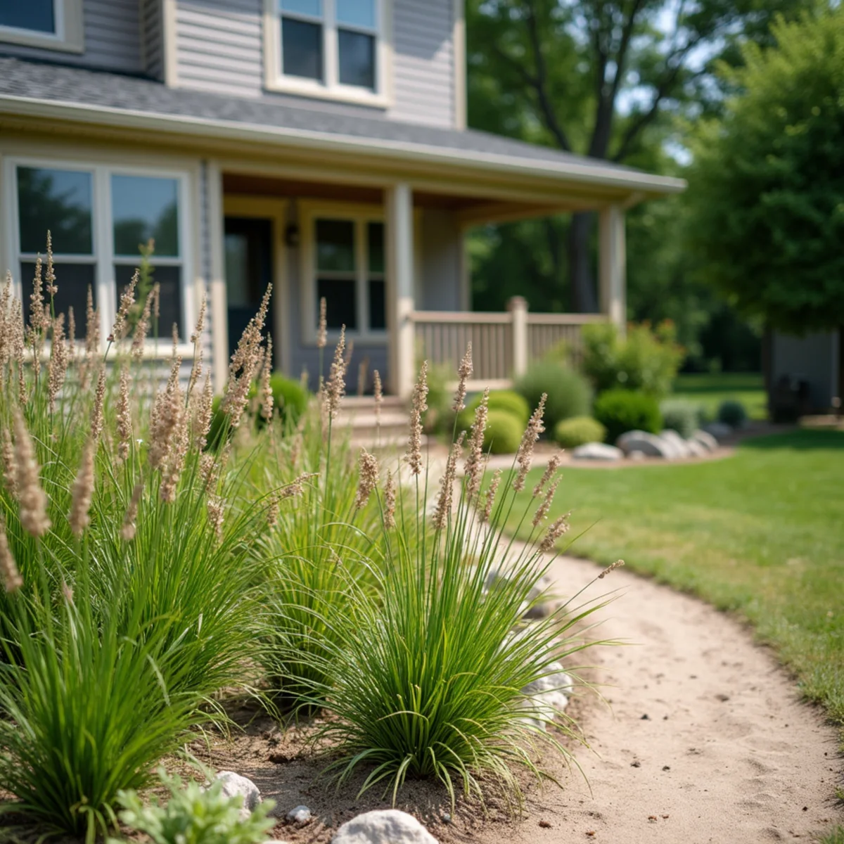 Native garden of dune grasses and wildflowers in sandy soil beside a cottage-style home