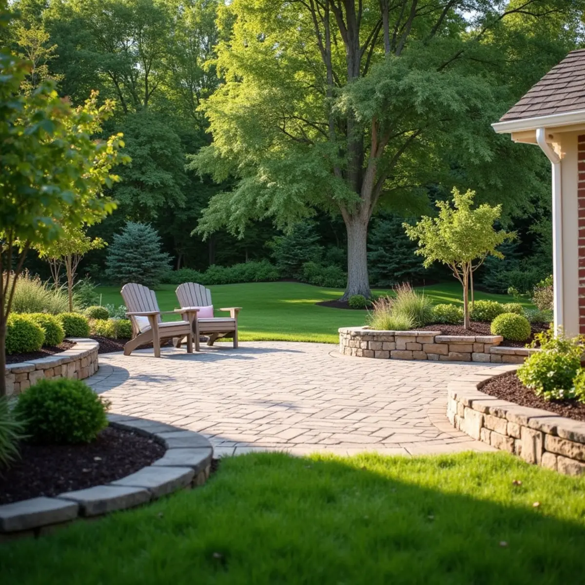 Paver patio with planting beds behind a suburban home