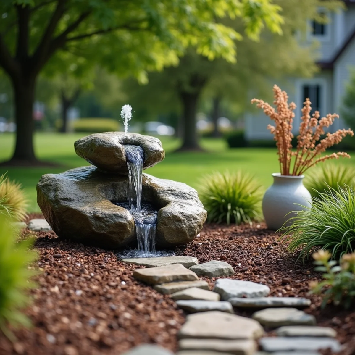 Small bubbling-boulder fountain set in a mulched bed with river rock