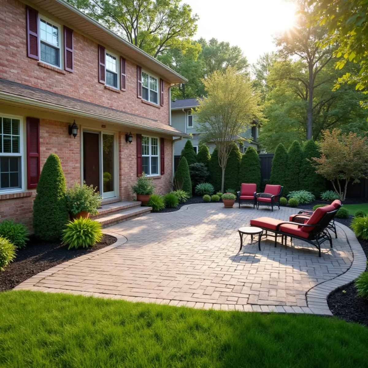 Large paver patio with a soldier-course border behind an established brick home