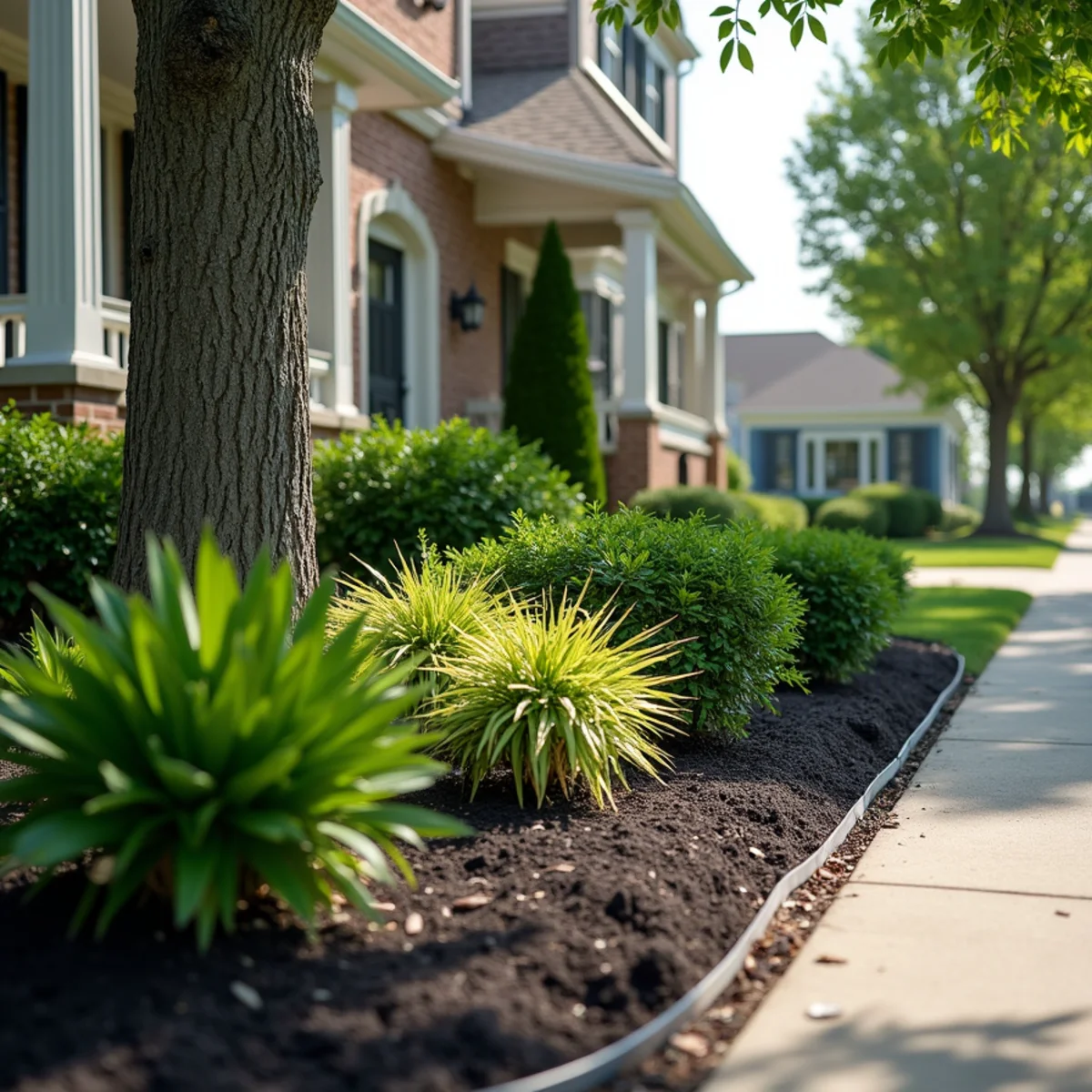 Refreshed foundation beds with new shrubs, perennials and steel edging at a mature home