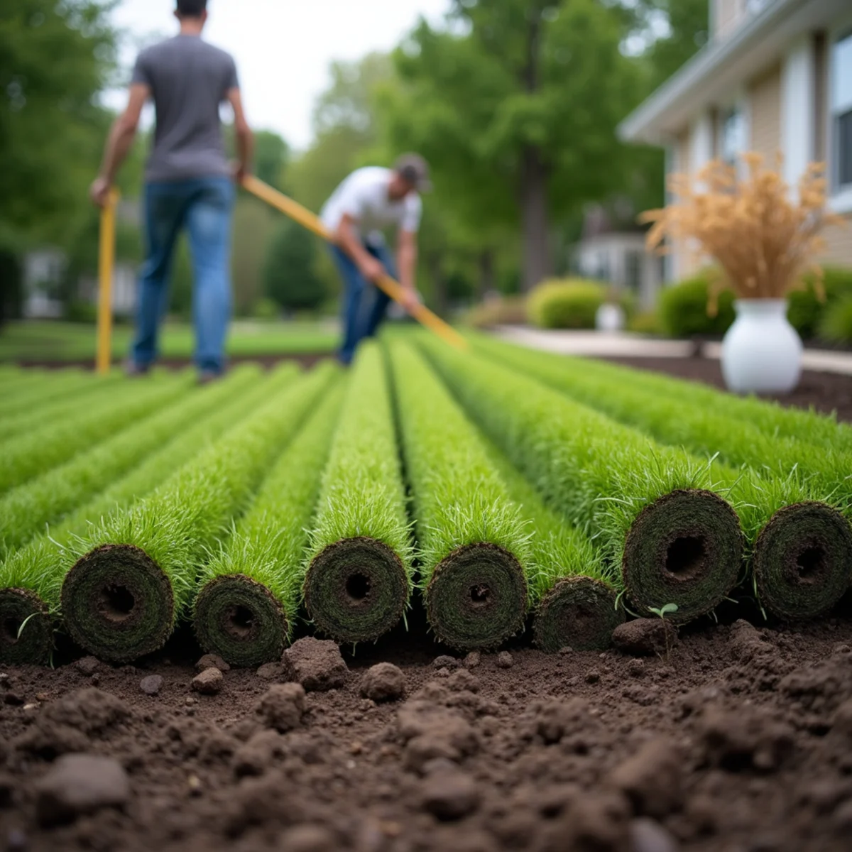 Crew laying rows of fresh sod over prepared soil in a suburban yard
