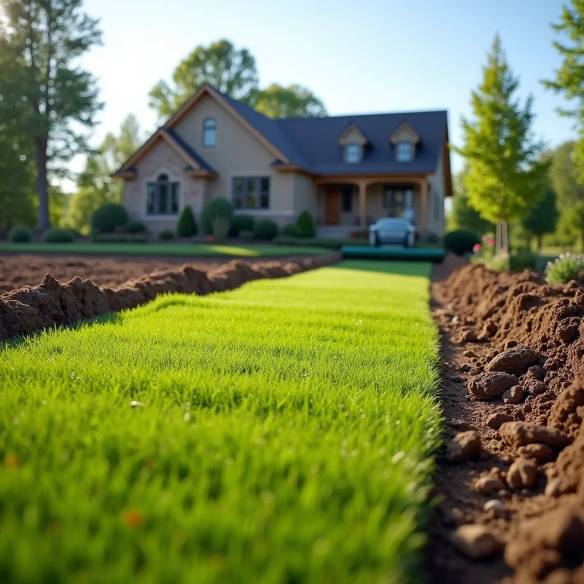 Fresh sod rolls partly laid across a newly graded new-construction front yard