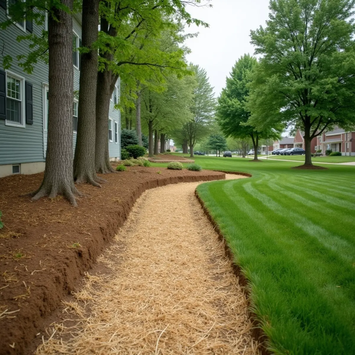 Regraded new-construction backyard with a shallow grassy swale and straw over seed