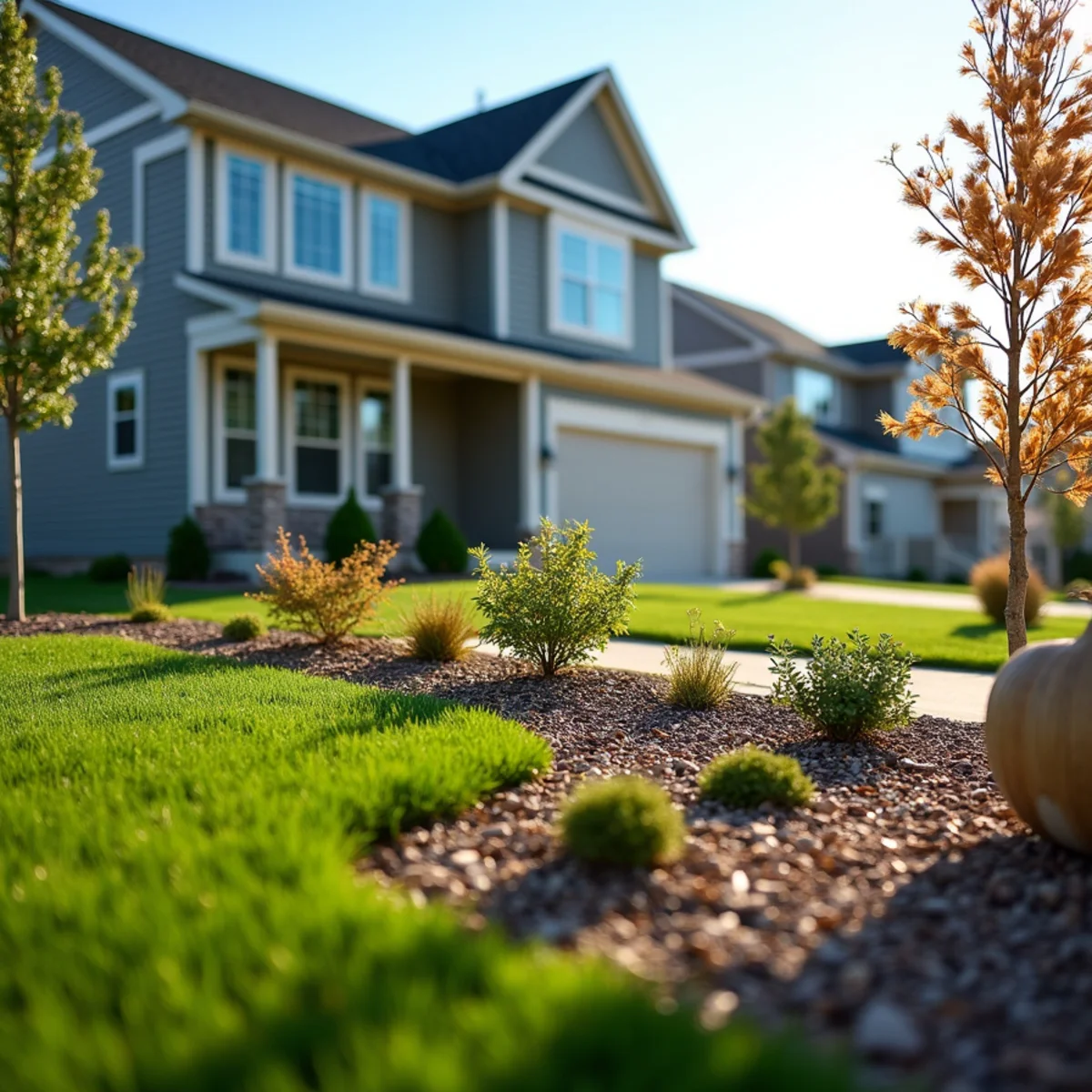First landscape beds with young shrubs and a young ornamental tree at a new home