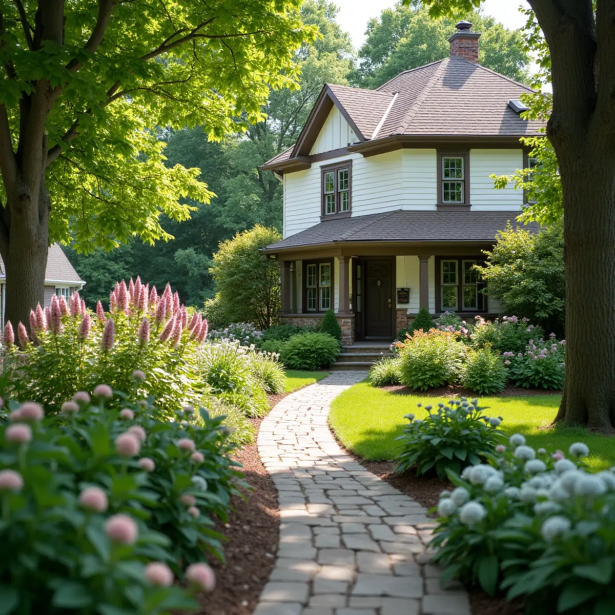 Layered perennial front garden with coneflowers and hydrangeas beneath mature trees