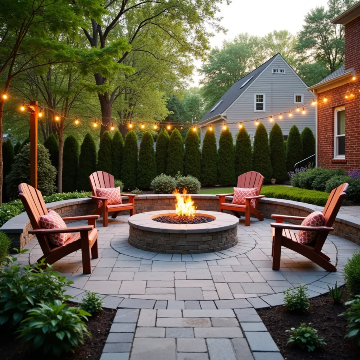 Backyard paver patio with a round fire pit and seating set up for entertaining