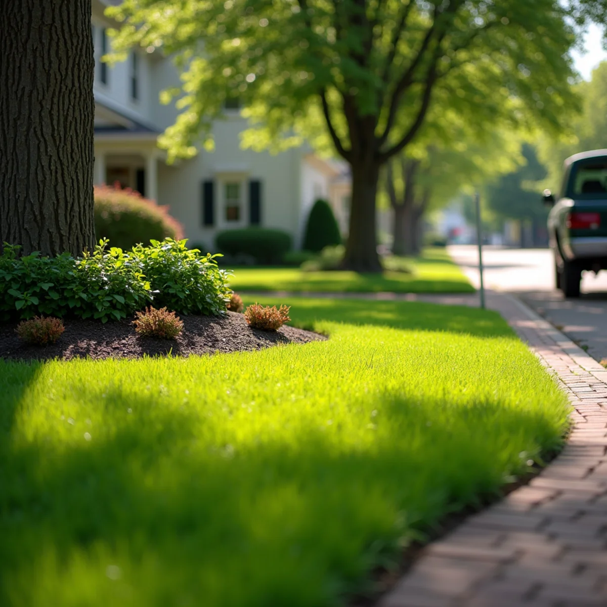 Freshly mowed lawn with crisp spade-cut bed edging along a brick front walk