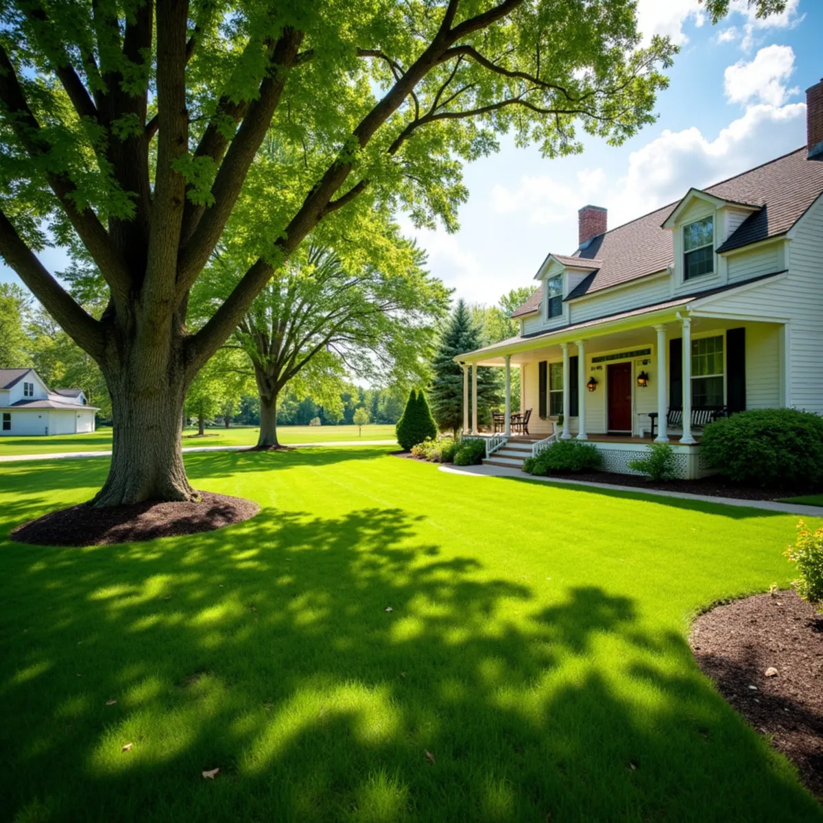 Country home with a broad green lawn, mature shade trees and porch beds