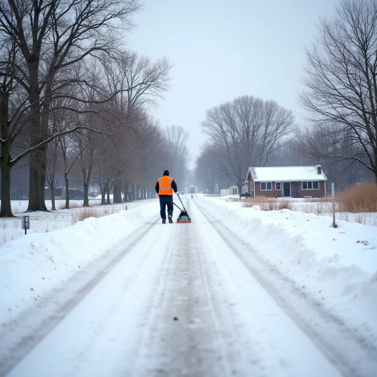 Worker clearing a long rural driveway after snowfall