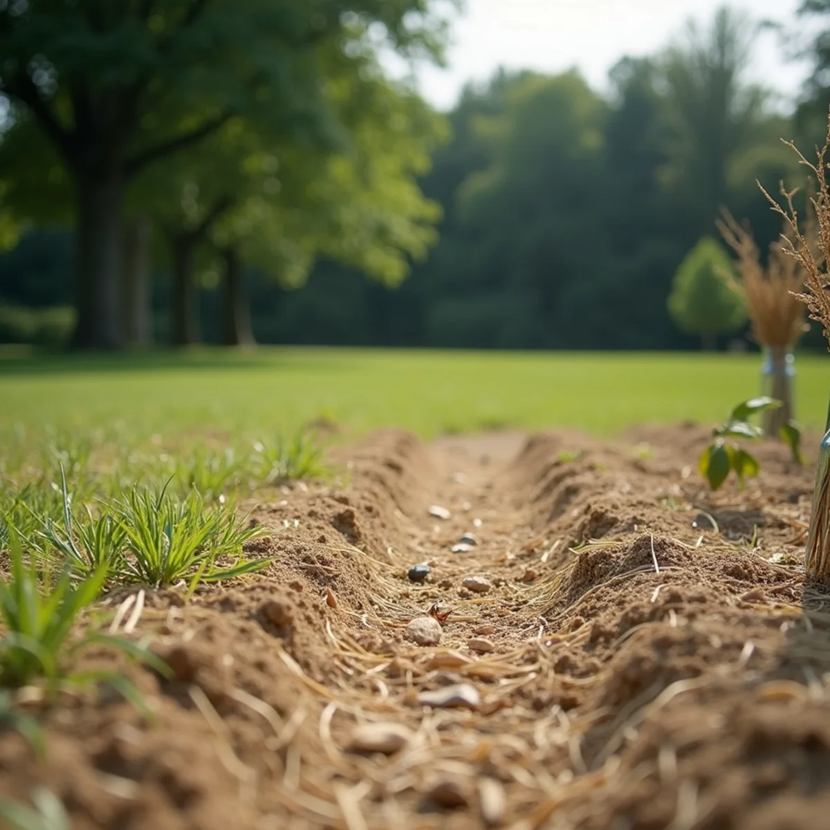 Large newly seeded lawn area with light straw cover on open ground