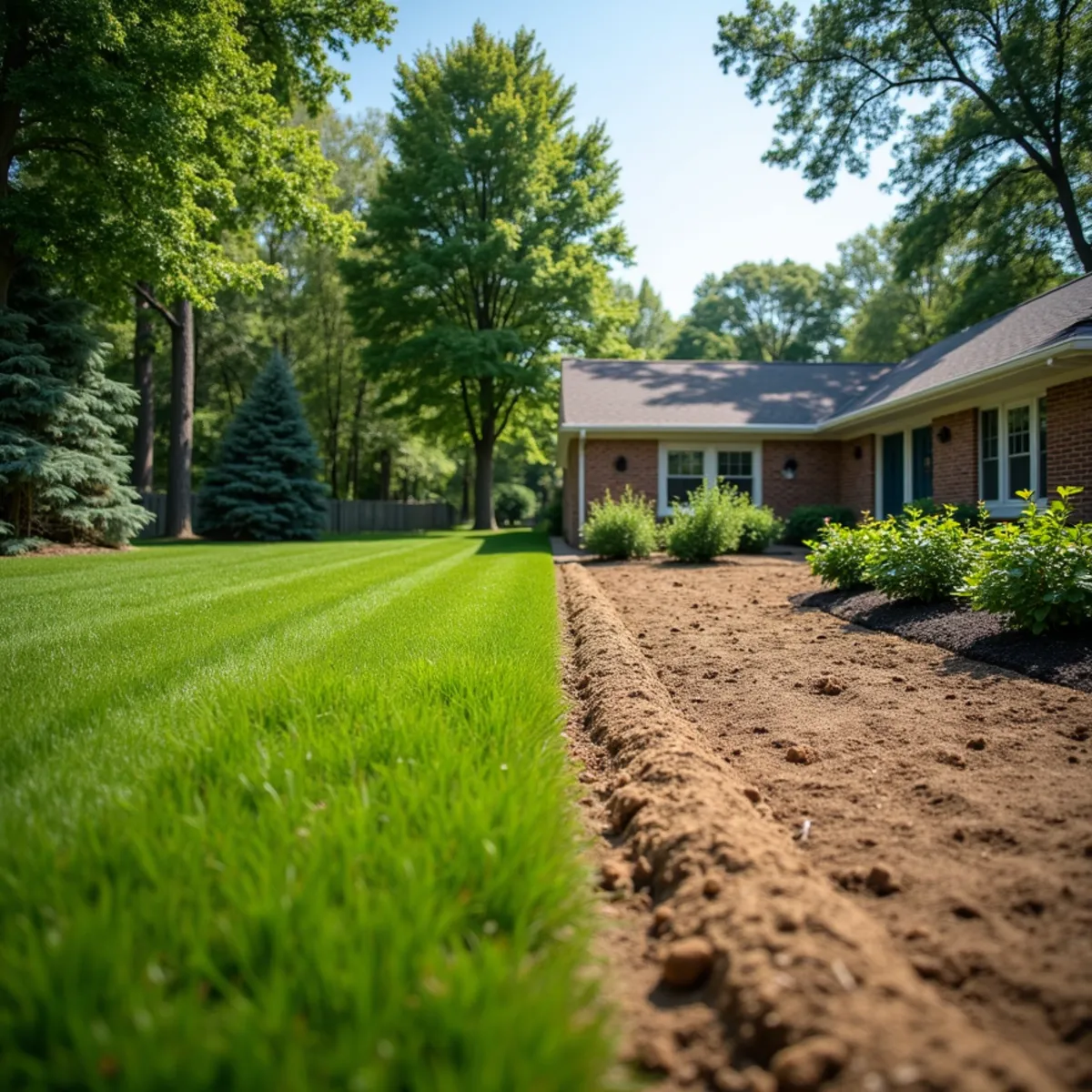 Freshly tilled soil strip beside an established lawn at a newer home