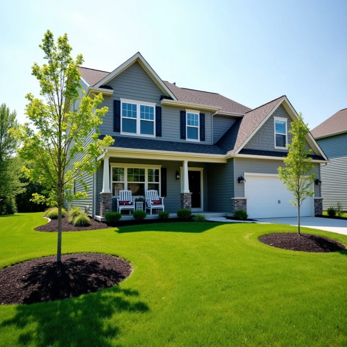New landscape installation with staked young trees and curved beds at a modern home