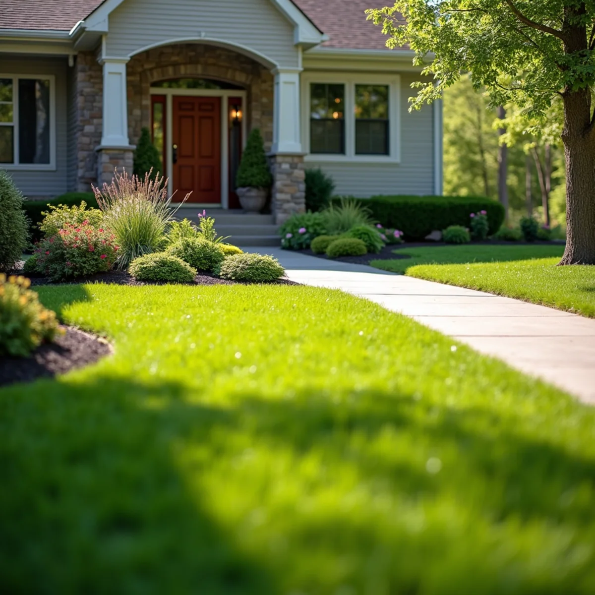 Neatly mowed and edged front lawn with a curving walk to a home's entrance