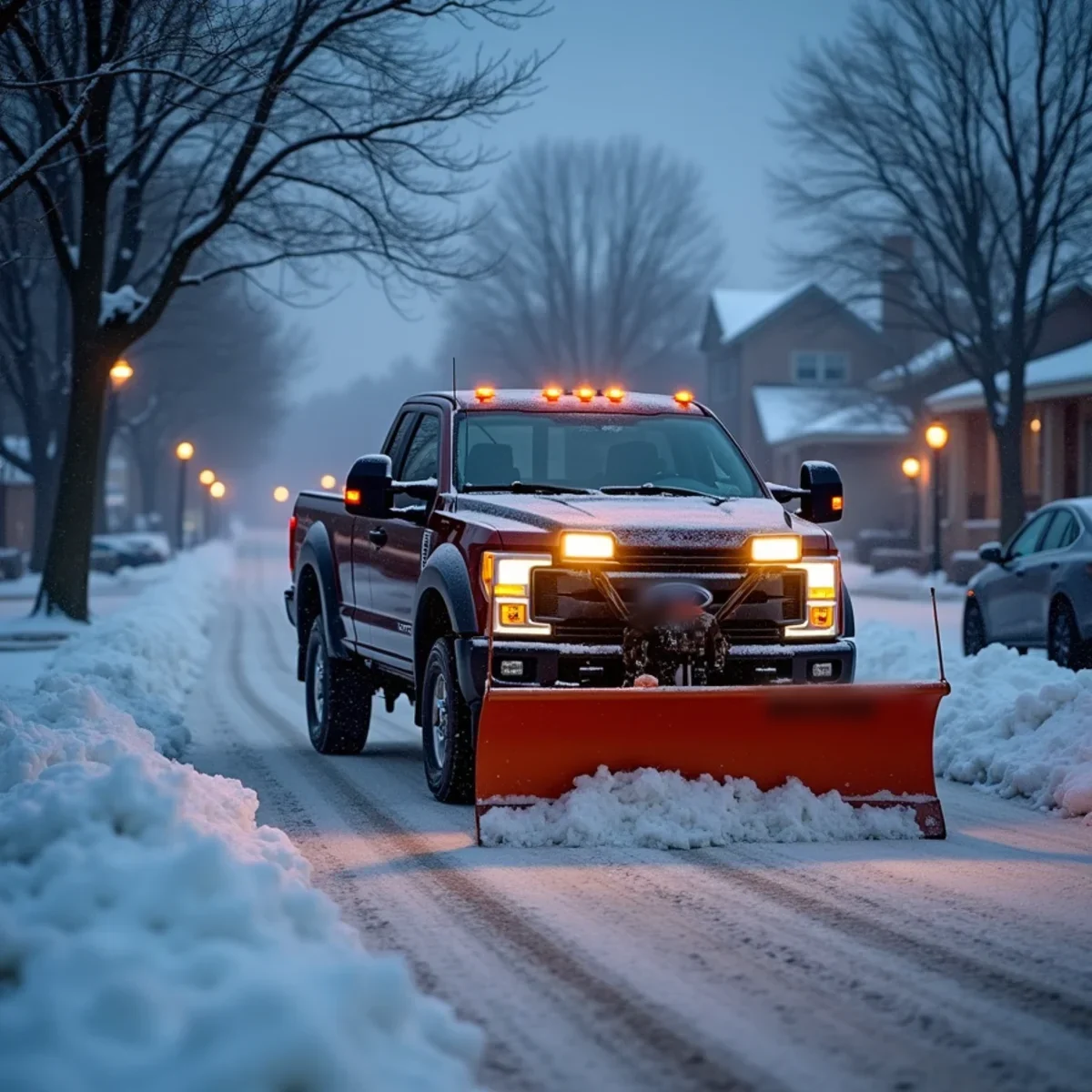 Pickup truck with a snow plow clearing a snowy street at dawn