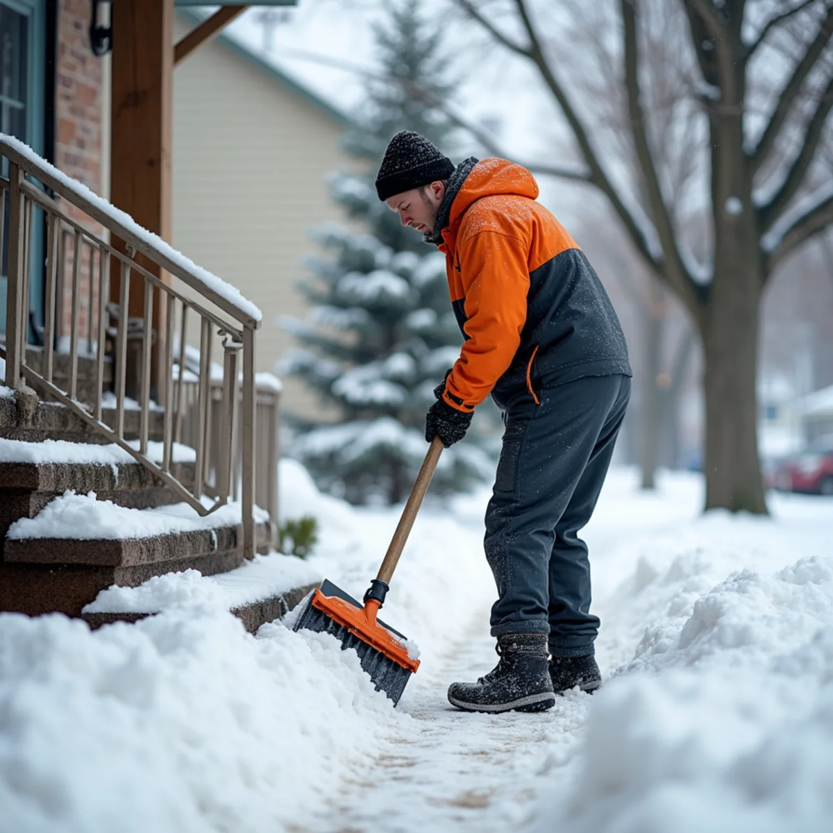Hand-shoveled and salted front walk and porch steps after snowfall