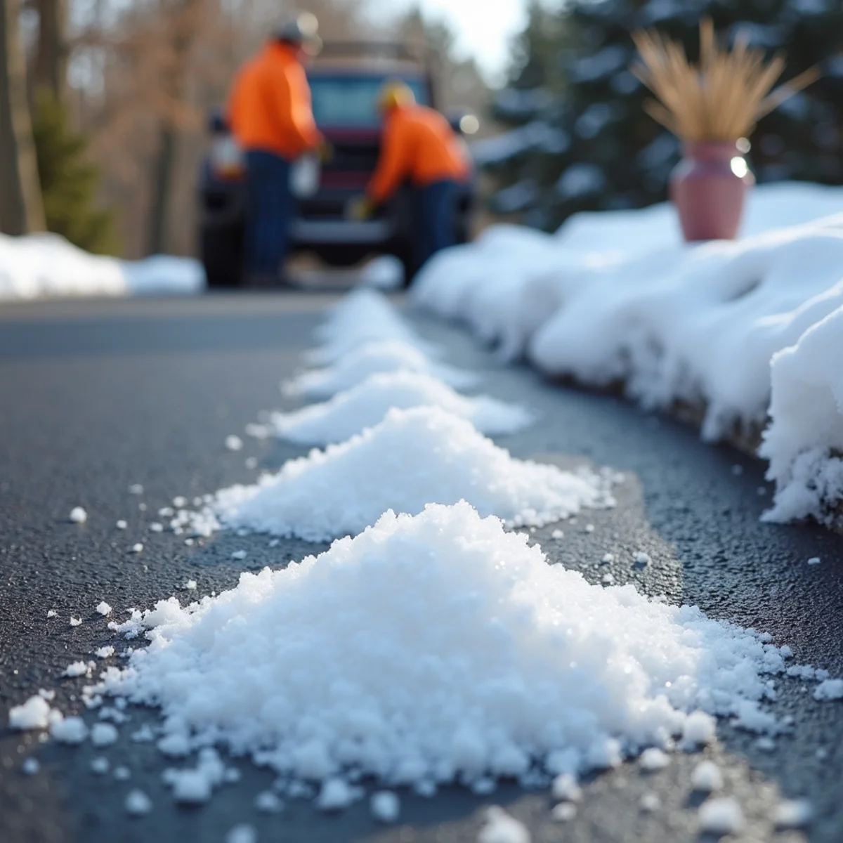 Close-up of rock salt melting thin ice on a freshly plowed driveway