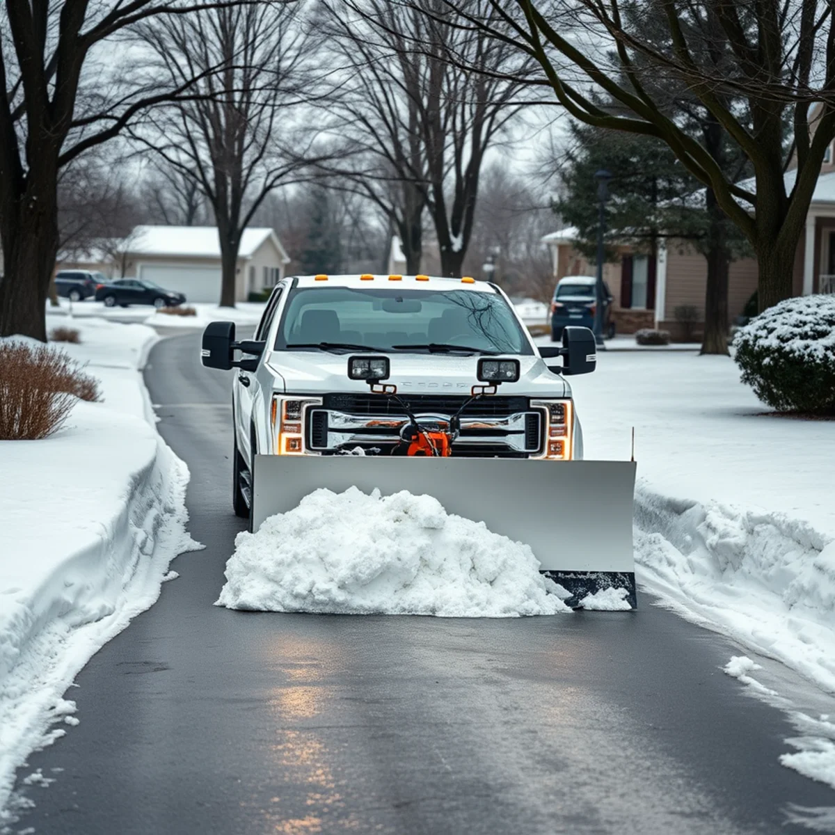 Snow plow clearing a driveway during winter in Hobart, Indiana