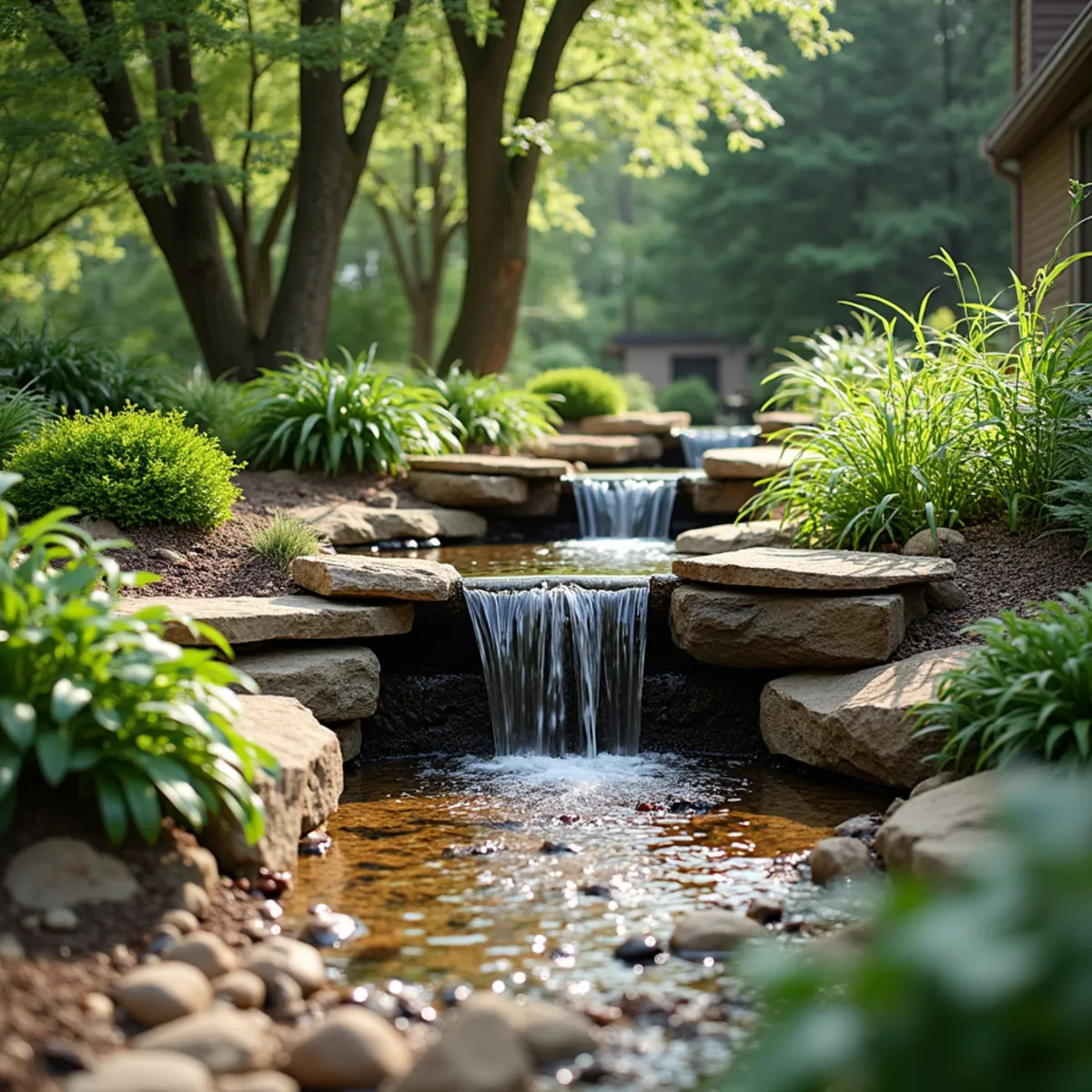 Pondless waterfall cascading over natural stone into a short river-rock stream