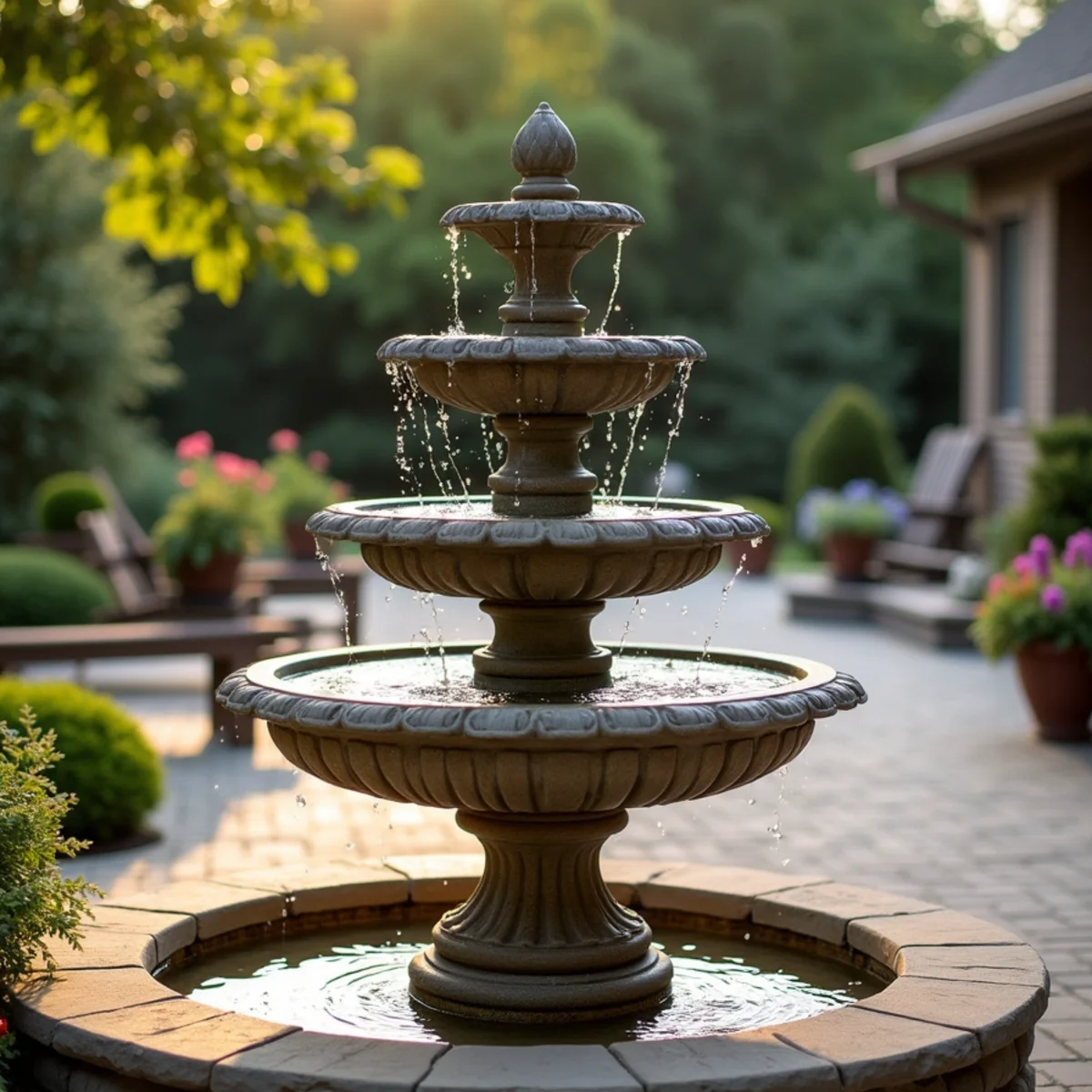 Stone tiered fountain beside a paver patio seating area
