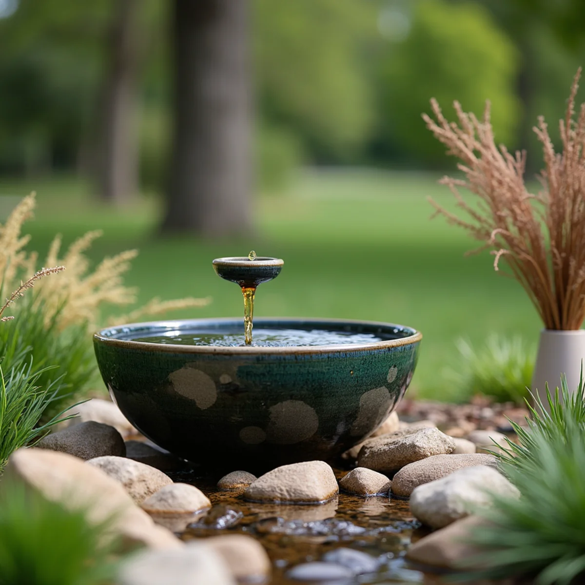Glazed bowl fountain spilling onto river rock over a hidden reservoir